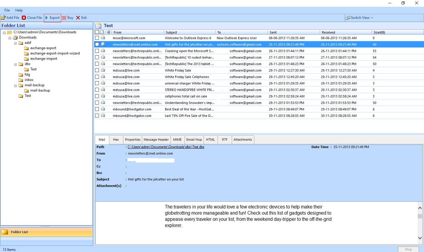 select DBX files To Export