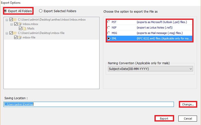export mbox files to eml