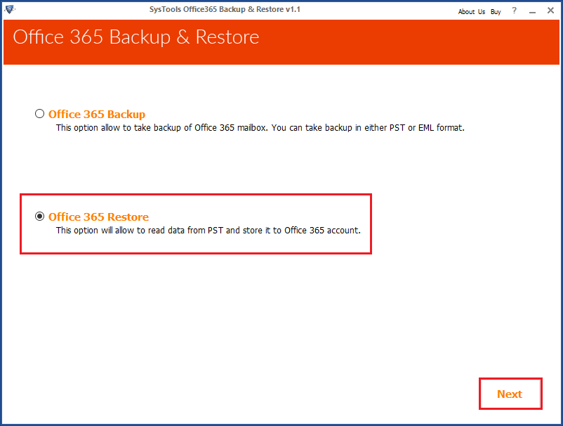 select office365 restore option