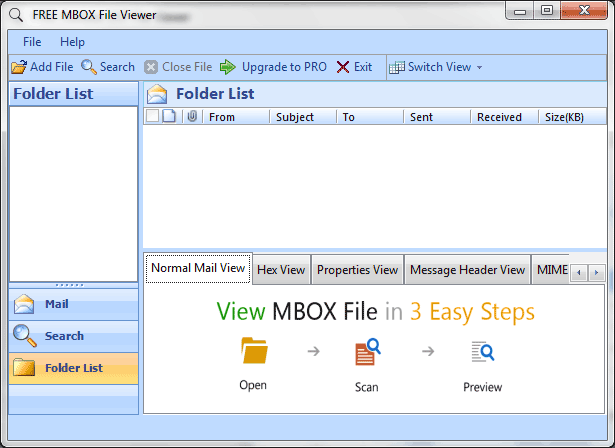 first screen of mbox file viewer