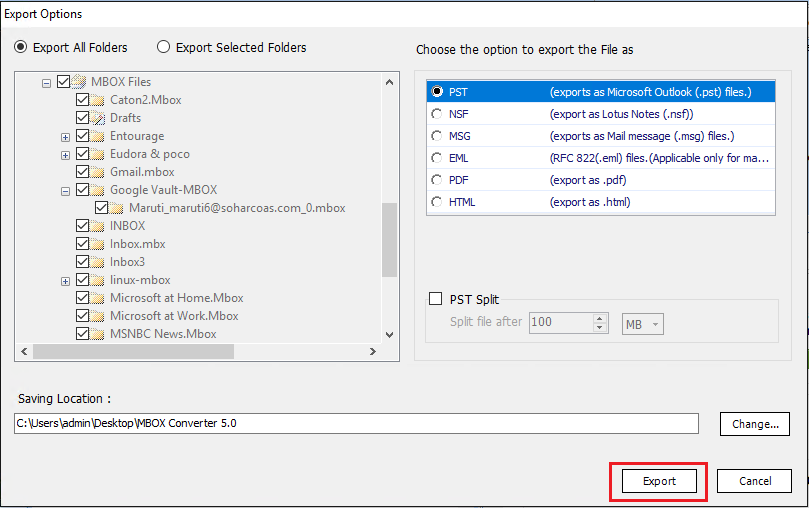 export mbox files to outlook pst
